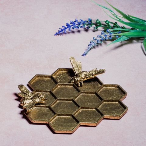 Gold Honeycomb Bee Trinket Dish
